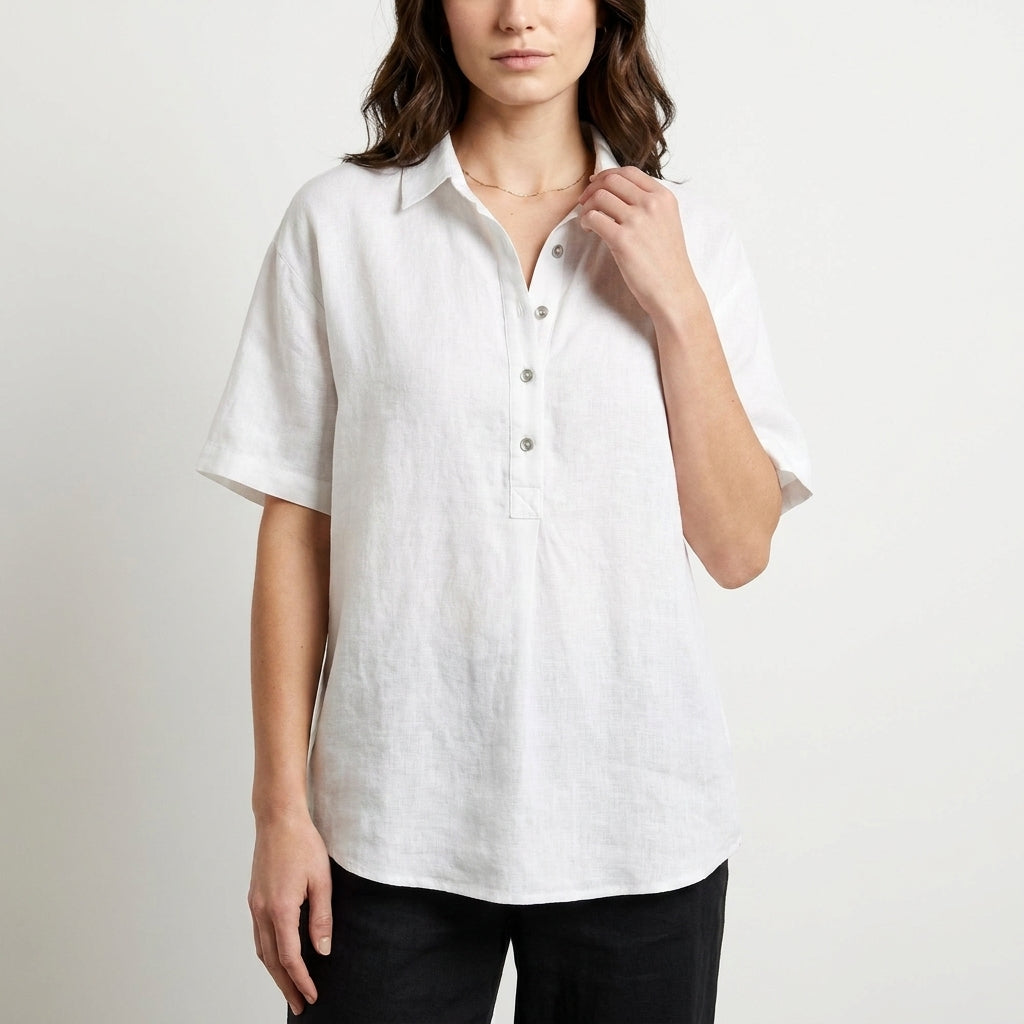 Relaxed Button Front Collared Short Sleeve Blouse