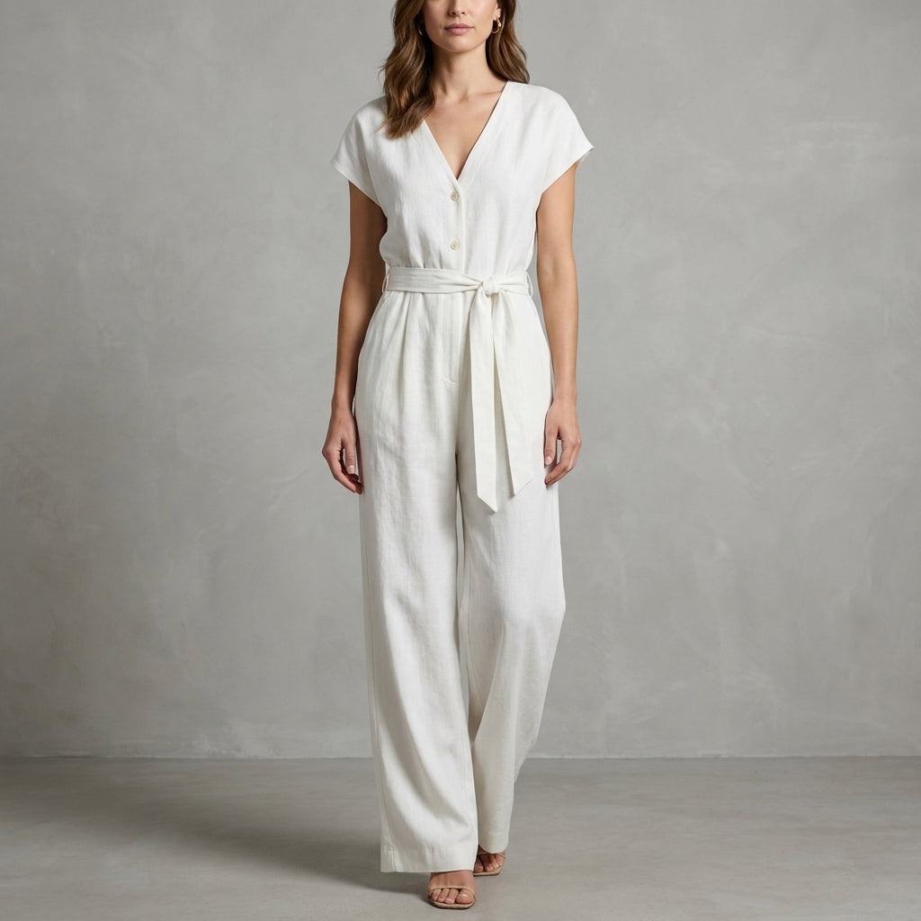 Ivory Horizon Tie-Waist Wide-Leg Jumpsuit