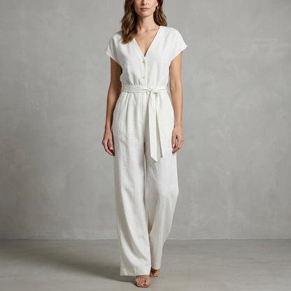 Ivory Horizon Tie-Waist Wide-Leg Jumpsuit