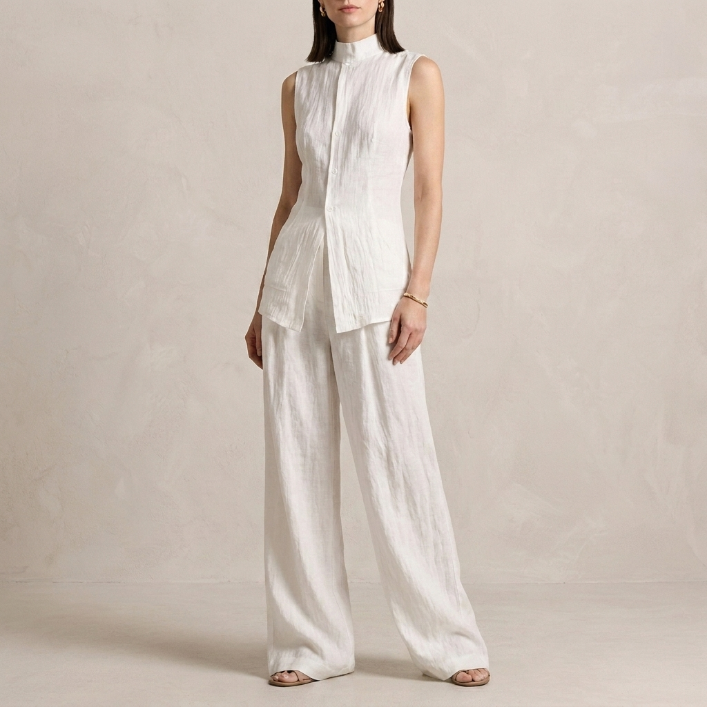 Sophisticated Sleeveless High-Neck Two-Piece Set with Flowing Wide-Leg Trousers