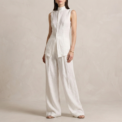 Sophisticated Sleeveless High-Neck Two-Piece Set with Flowing Wide-Leg Trousers
