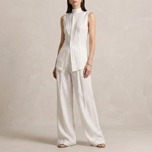 Sophisticated Sleeveless High-Neck Two-Piece Set with Flowing Wide-Leg Trousers