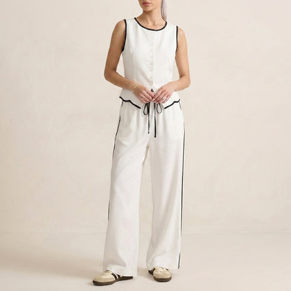 Contrast Trim Two-Piece Set with Relaxed Wide-Leg Pants and Top