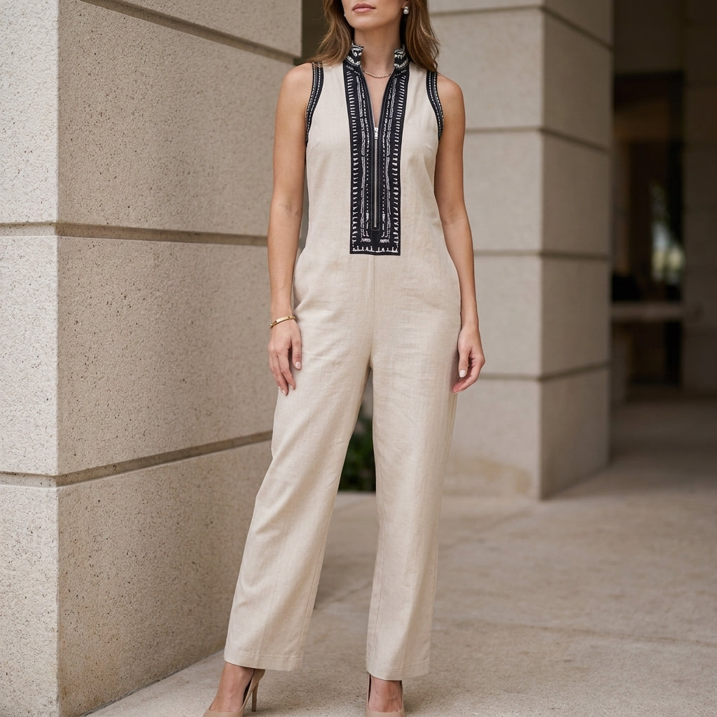 Relaxed Wide-Leg Sleeveless Jumpsuit with Embroidered Stand Collar