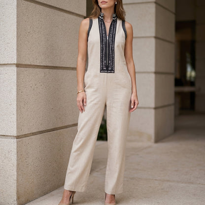 Relaxed Wide-Leg Sleeveless Jumpsuit with Embroidered Stand Collar