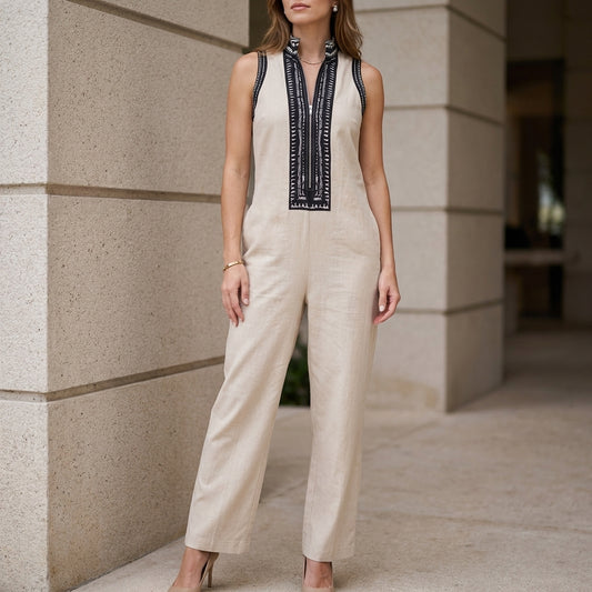 Relaxed Wide-Leg Sleeveless Jumpsuit with Embroidered Stand Collar