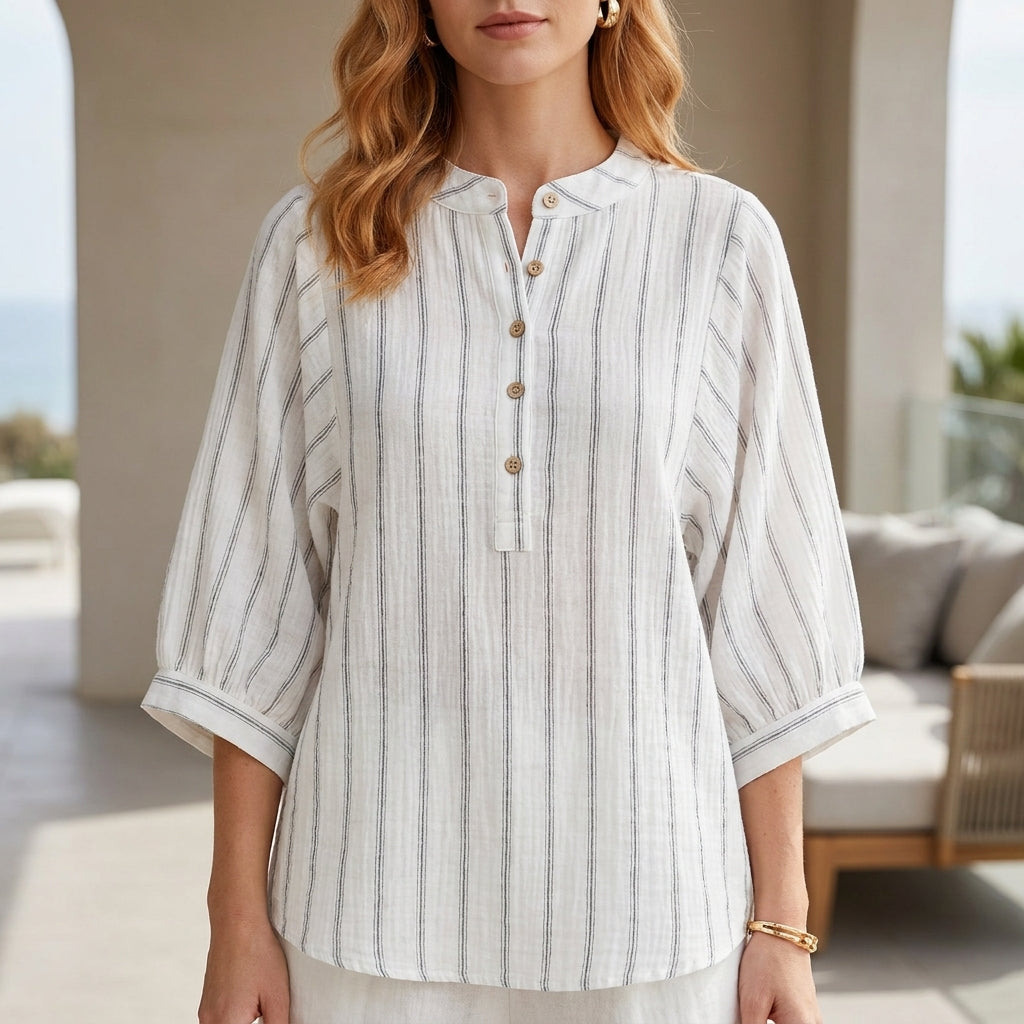 Coastal Stripe Button-Neck Relaxed Sleeve Blouse