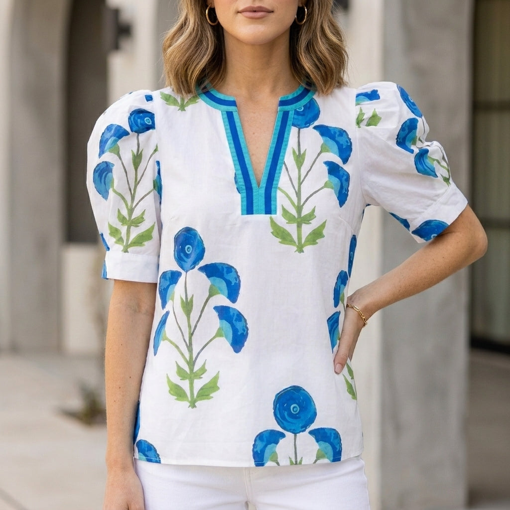 Structured Woven V-Neck Blouse with Botanical Print and Puff Sleeves