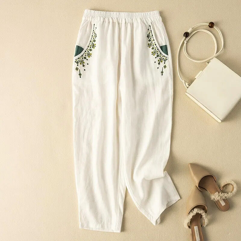 Linen Relaxed Fit Ankle-Length Harem Pants with Embroidered Pockets