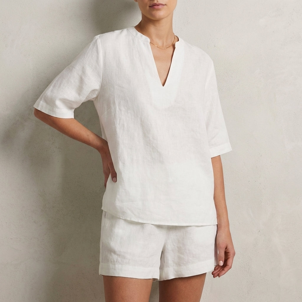 Relaxed Two-Piece Set with Split V-Neck Top and Wide-Leg Shorts