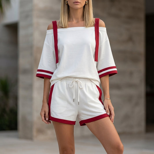 Sporty Contrast Trim Two-Piece Set with Relaxed Off-Shoulder Top