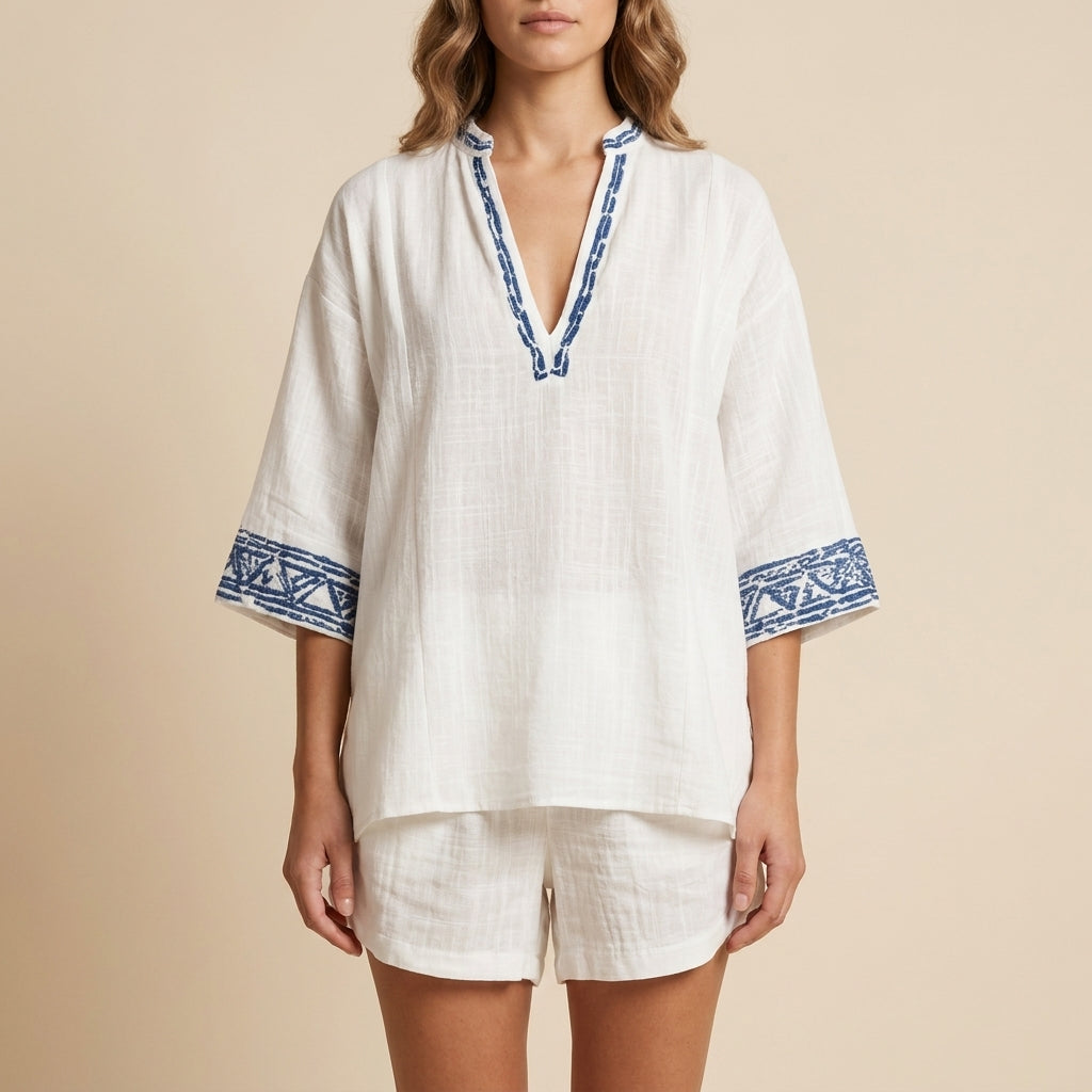 Bohemian Two-Piece V-Neck Tunic and Shorts Set with Geometric Accents