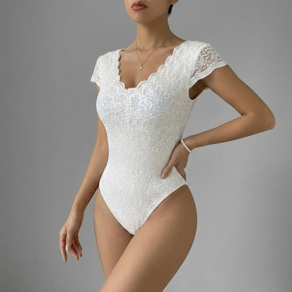 Romantic Lace V-Neck Bodysuit with Scalloped Trim