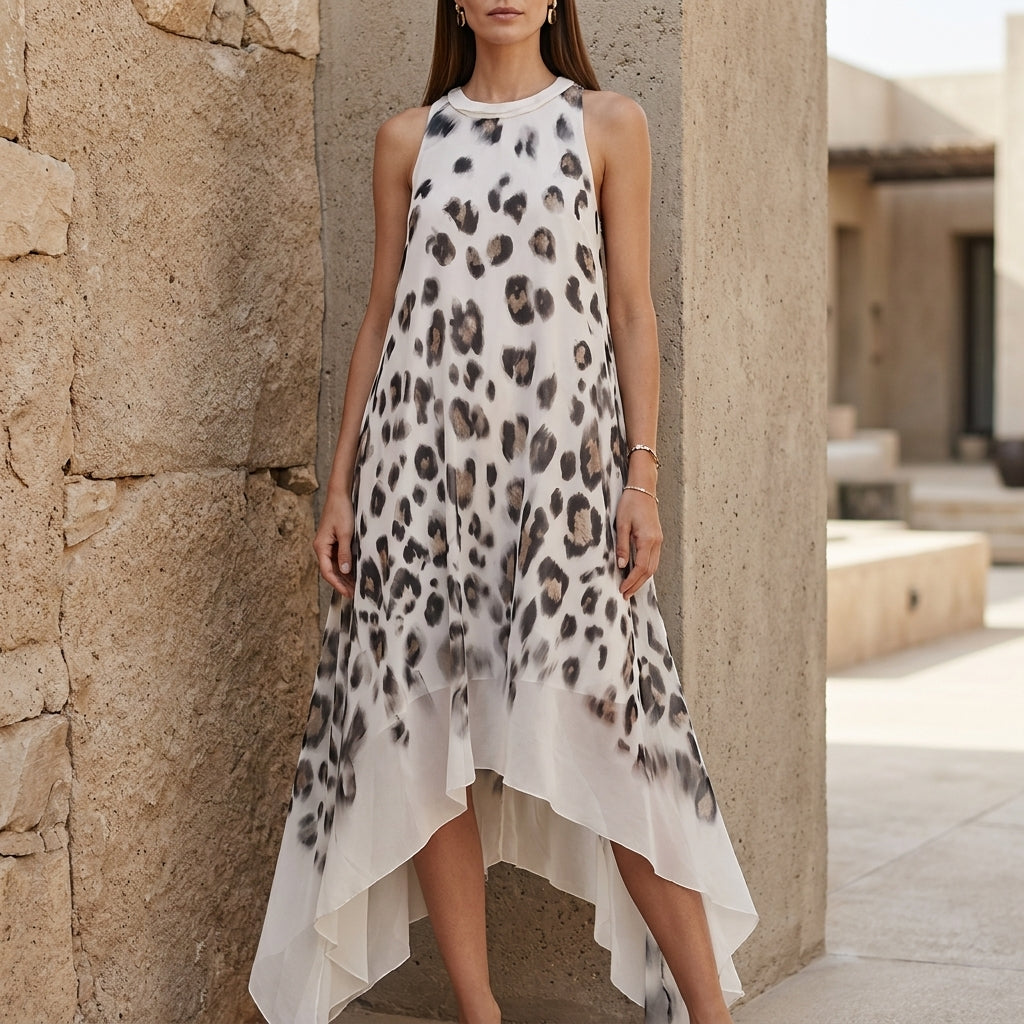 Abstract Leopard Print Maxi Dress with Flowing Asymmetrical Hem Elegance