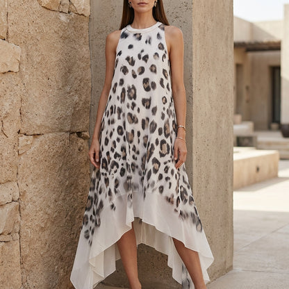 Abstract Leopard Print Maxi Dress with Flowing Asymmetrical Hem Elegance