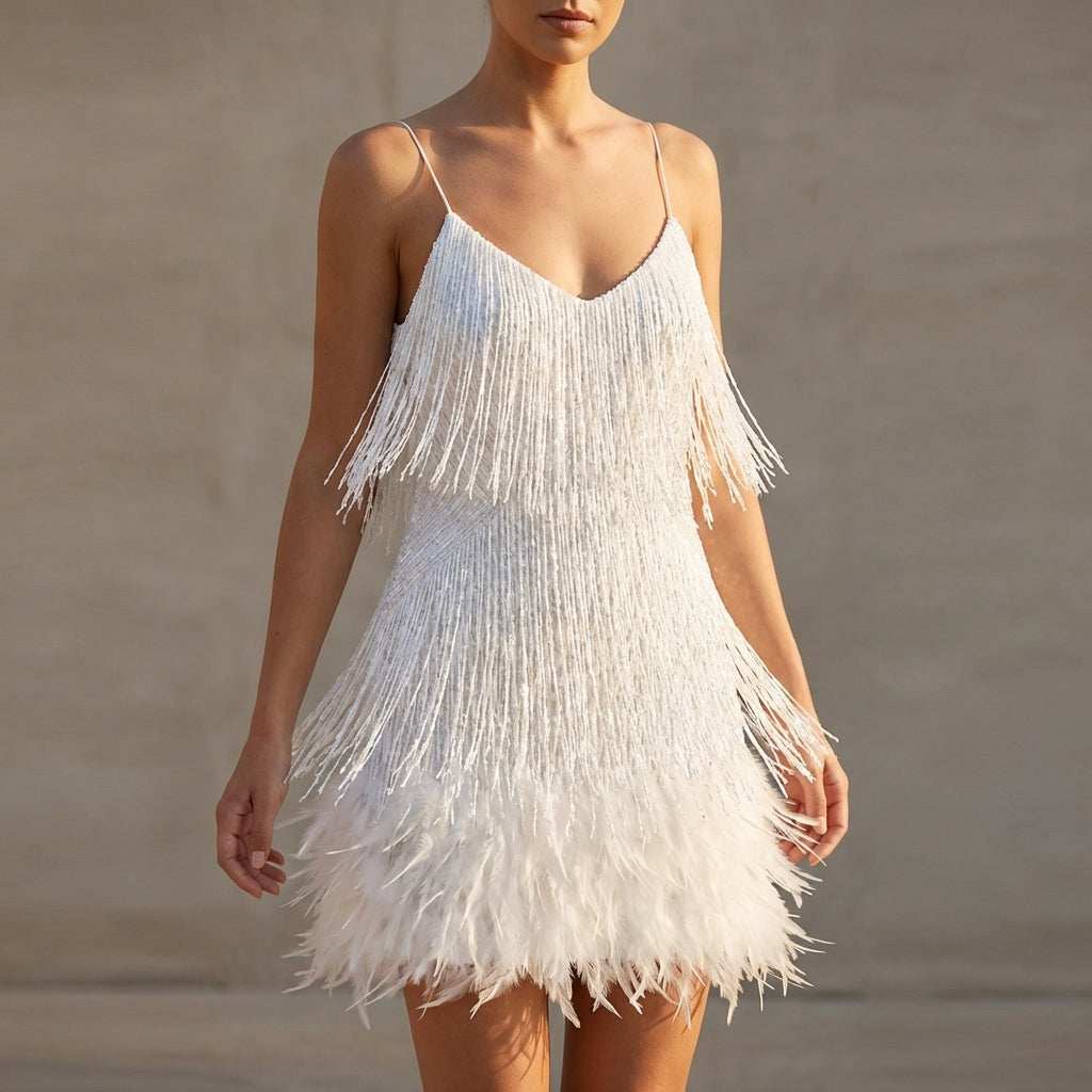 The Shimmering Fringe & Feather Mini Dress