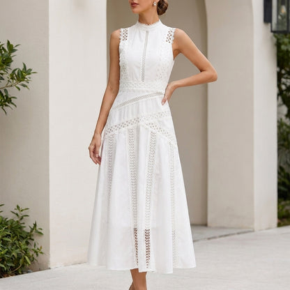 Structured Lace A-Line Midi Dress with High Neckline