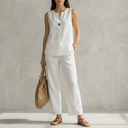 Minimalist Sleeveless V-Neck Vest and Flowing Wide-Leg Pants Set