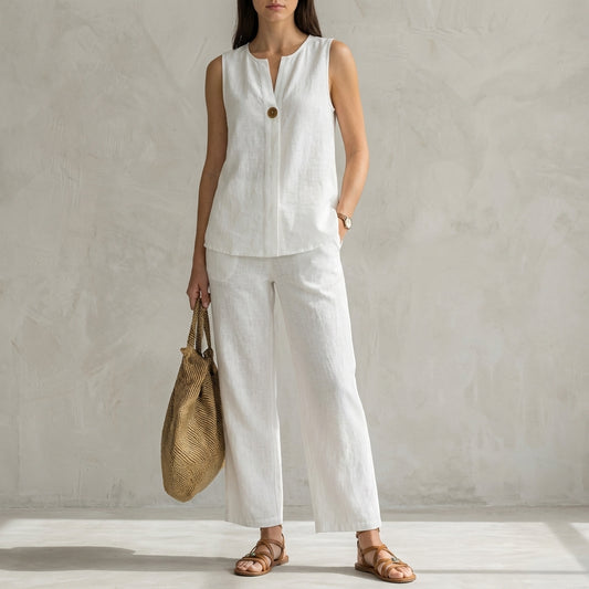 Minimalist Sleeveless V-Neck Vest and Flowing Wide-Leg Pants Set