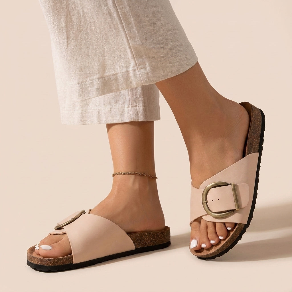 Contoured Soft-Touch Slide Sandals with Oversized Buckle