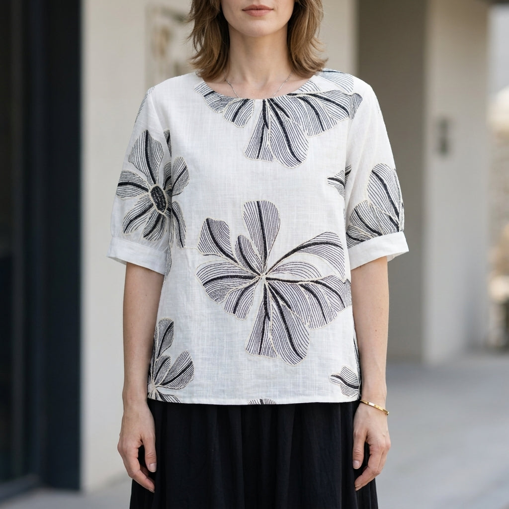 Artisanal Embroidered Pullover T-Shirt with Relaxed Boxy Silhouette