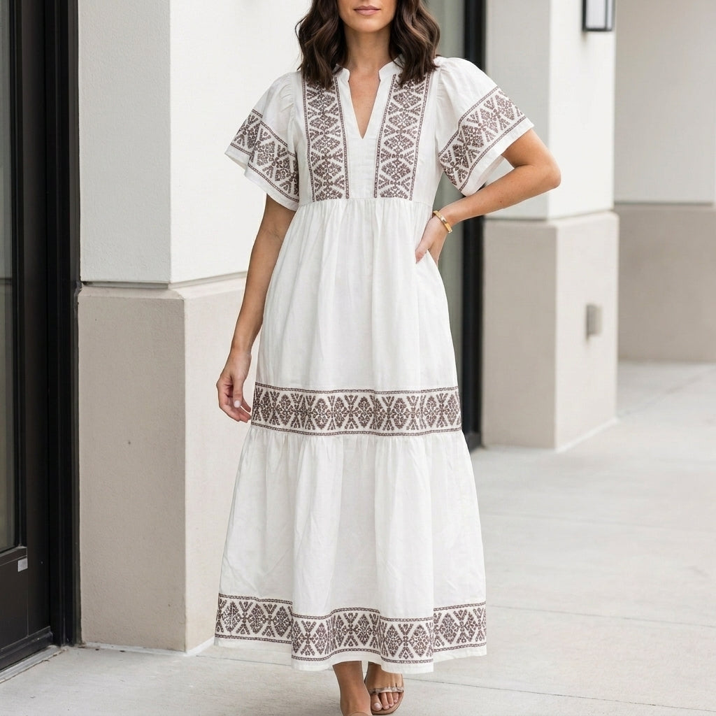Bohemian Embroidered Tiered Midi Dress with Relaxed Silhouette