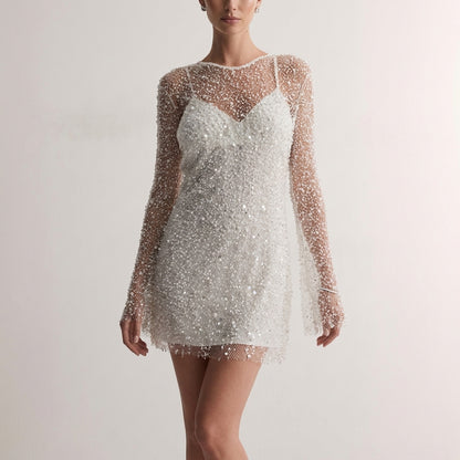 Fitted Sheer Mesh Mini Dress with All-Over Sequin Embellishments
