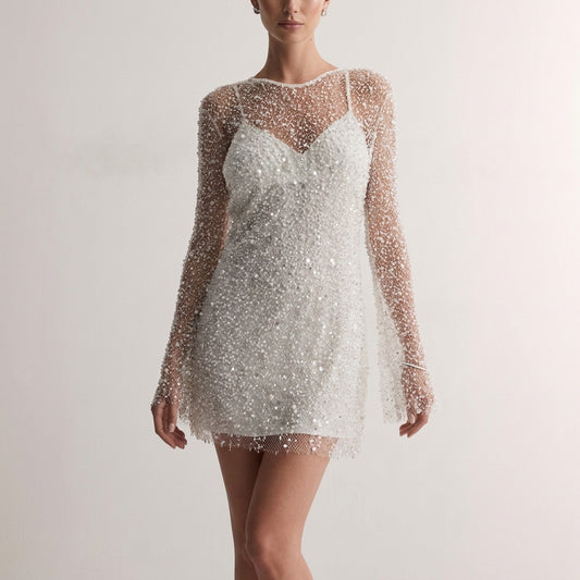 Fitted Sheer Mesh Mini Dress with All-Over Sequin Embellishments