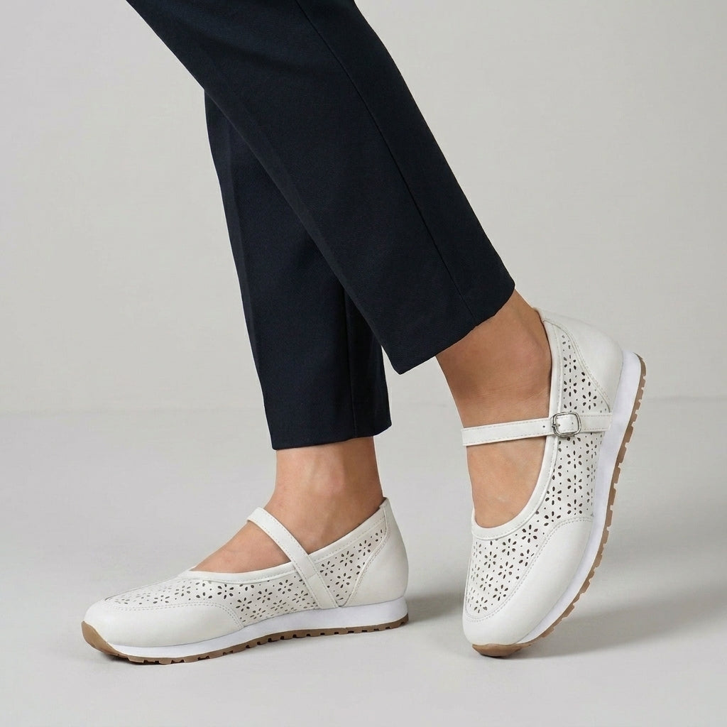 Perforated Mary Jane Comfort Sneakers with Buckle Strap