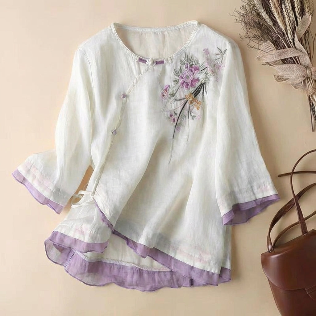 Embroidered Artisan Kimono-Style Linen Blend Blouse