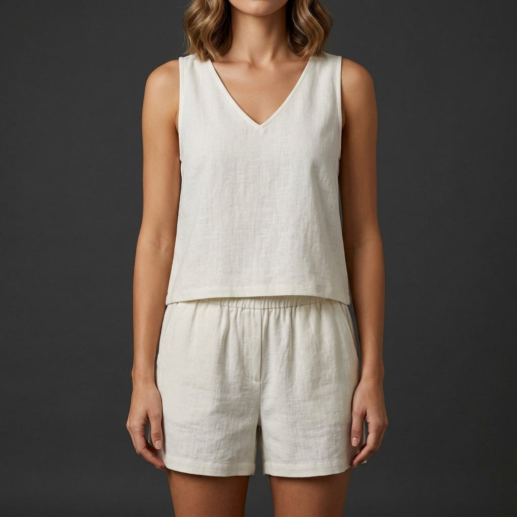 Relaxed V-Neck Vest and Pleated Shorts Set in Lightweight Woven Fabric