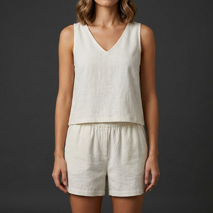 Relaxed V-Neck Vest and Pleated Shorts Set in Lightweight Woven Fabric