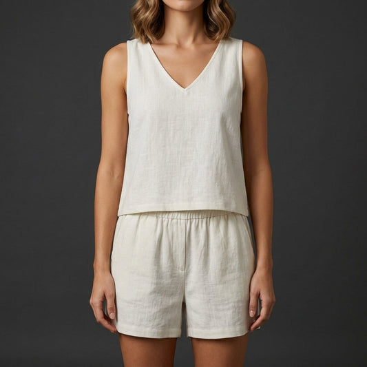 Relaxed V-Neck Vest and Pleated Shorts Set in Lightweight Woven Fabric