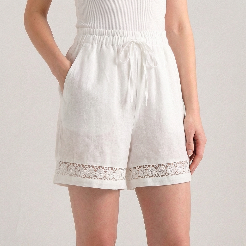 Wide-Leg Mini Shorts with Delicate Lace Hem and Drawstring Waist