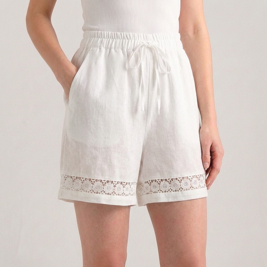 Wide-Leg Mini Shorts with Delicate Lace Hem and Drawstring Waist