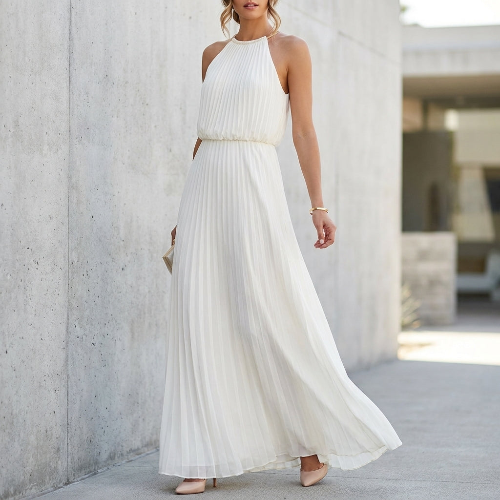 Elegant Pleated Halter Neck Maxi Dress with Flowing Silhouette