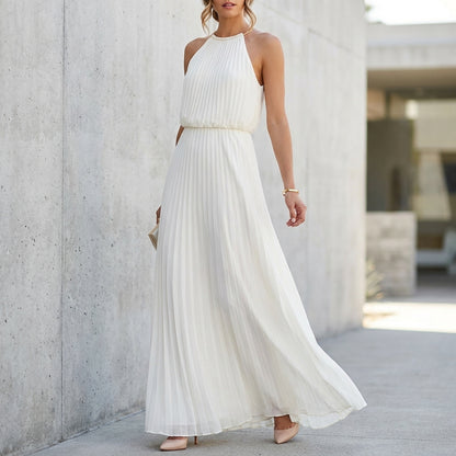 Elegant Pleated Halter Neck Maxi Dress with Flowing Silhouette