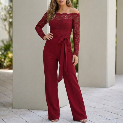 Off-the-Shoulder Lace Bodice Wide-Leg Jumpsuit with Tie Waist