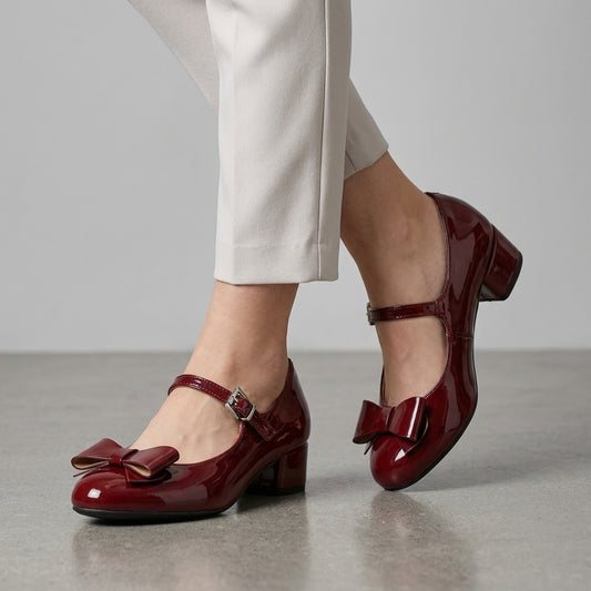 Glossy Bow Accent Mary Jane Heels with Elegant Feminine Silhouette
