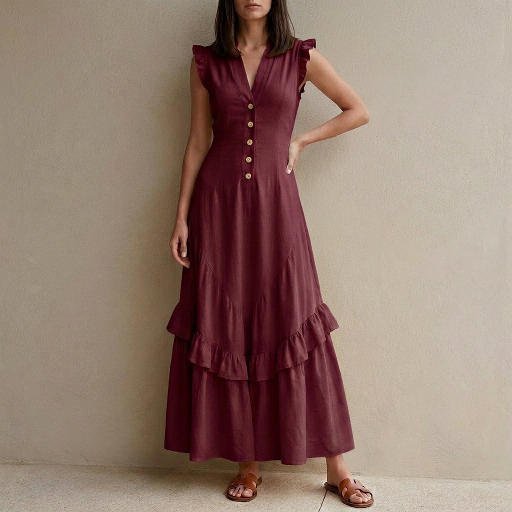 Ruffle Sleeve Button Front Midi Dress with Tiered Hem