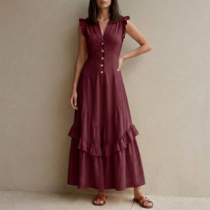 Ruffle Sleeve Button Front Midi Dress with Tiered Hem