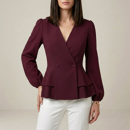 Tailored Peplum Wrap Blouse with Statement Sleeves