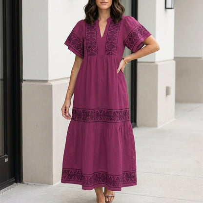 Bohemian Embroidered Tiered Midi Dress with Relaxed Silhouette