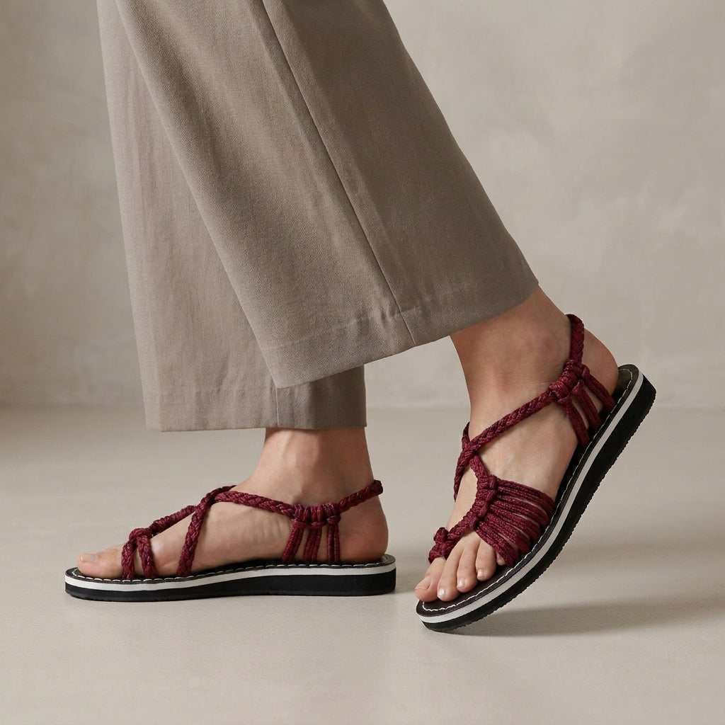Braided Strappy Sandals with Wrapped Ankle and Contrast Stitching