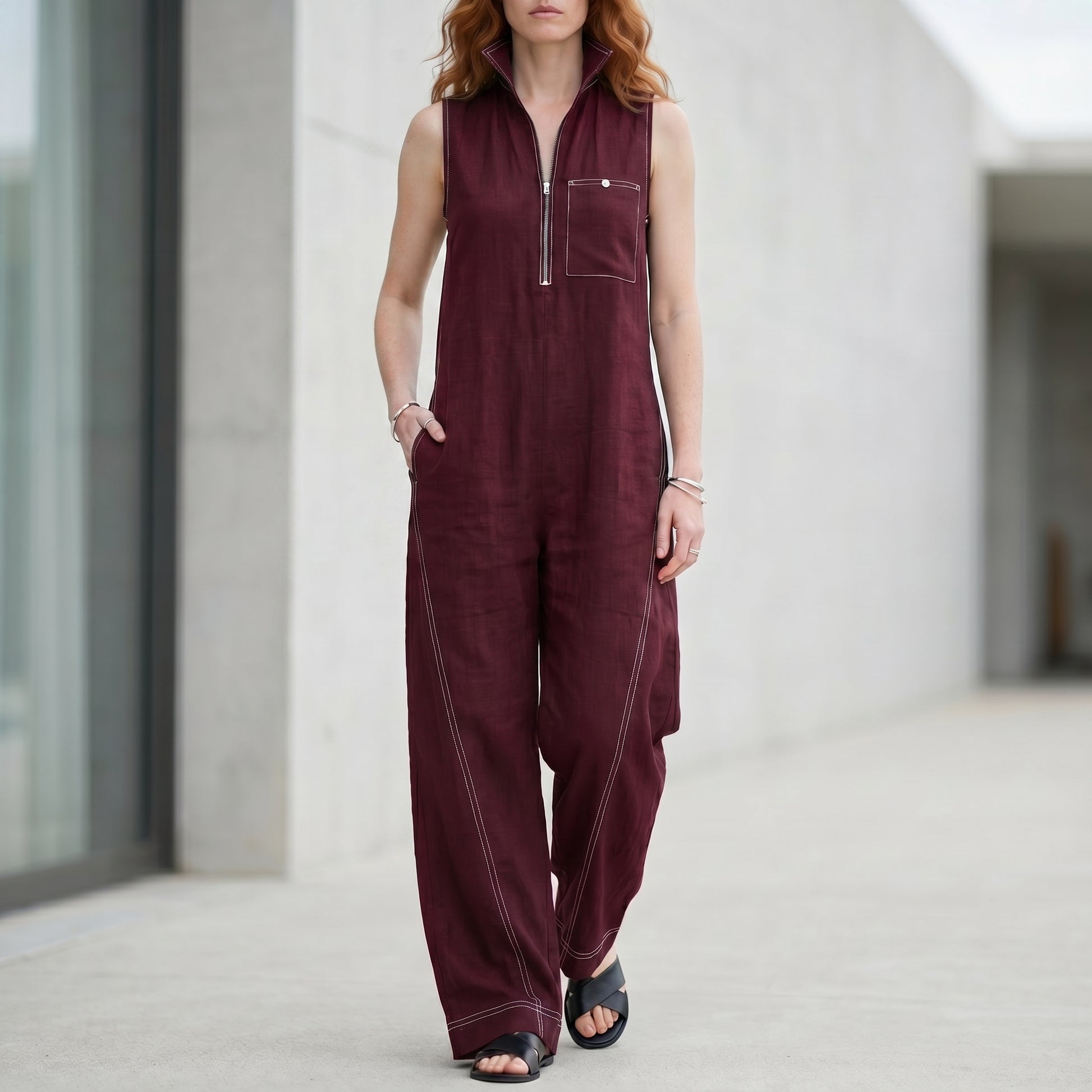Tailored Zip-Front Sleeveless Wide-Leg Jumpsuit