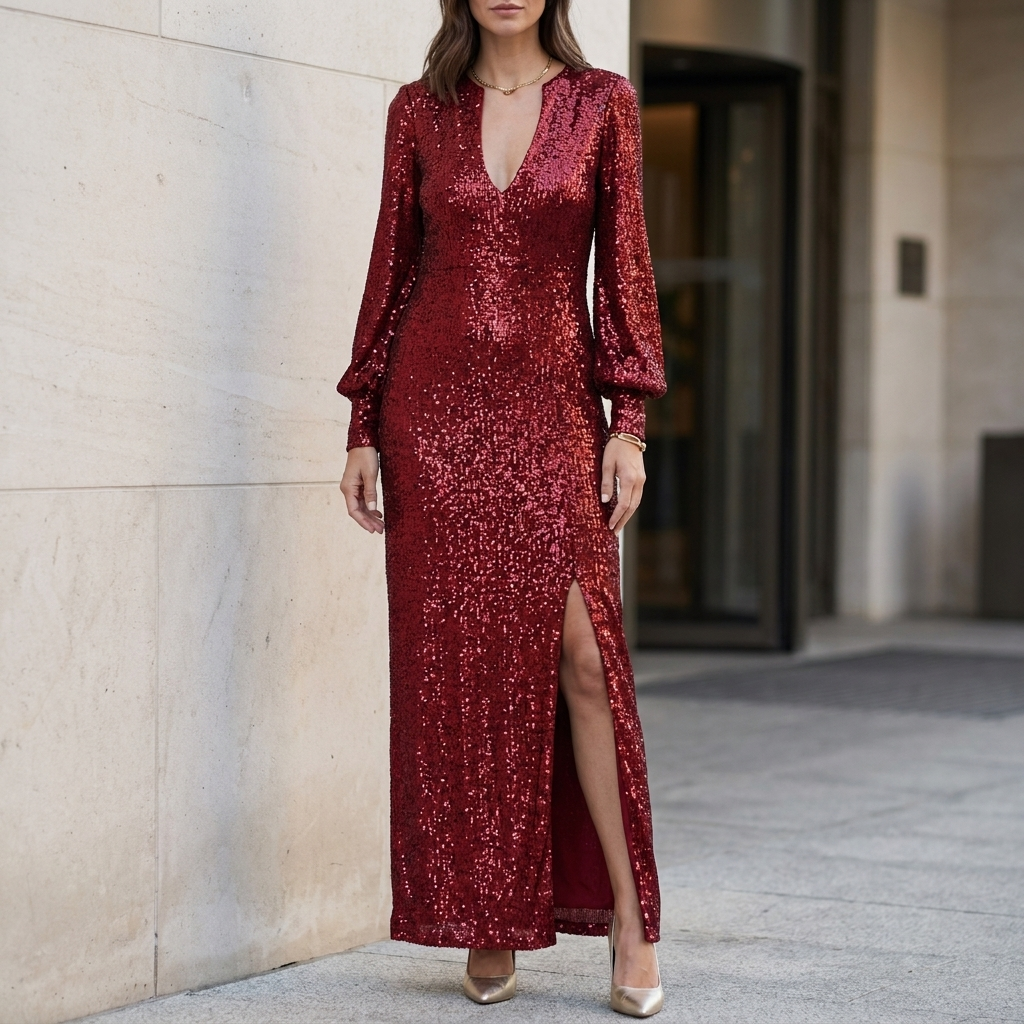Sequined Maxi Evening Gown with V-Neck and Front Slit