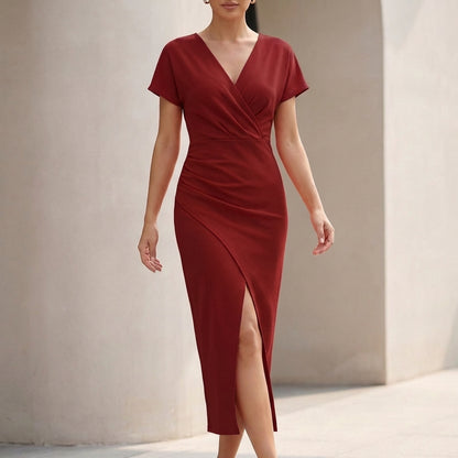 Wrap Midi Dress with Ruched Waist and Draped V-Neck