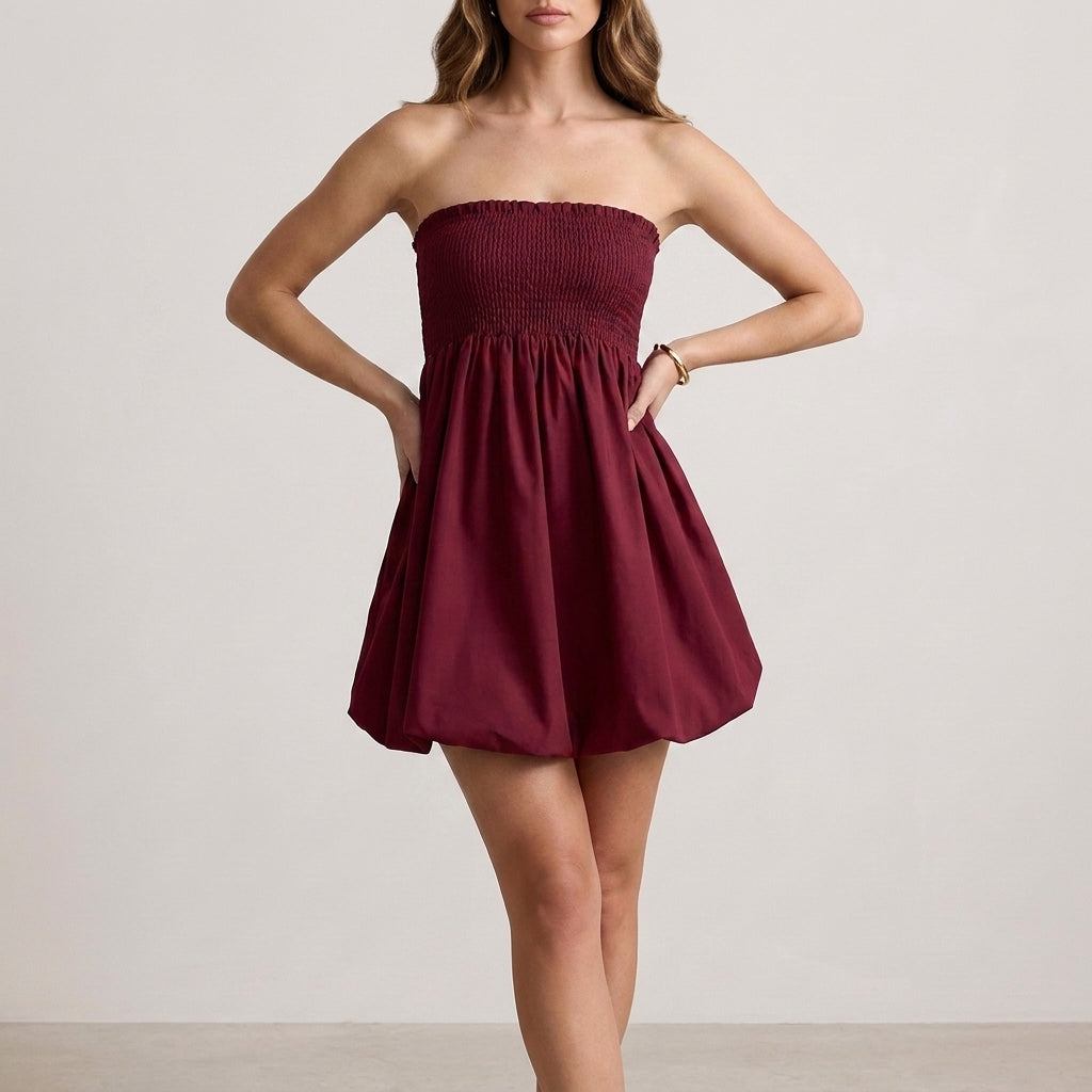 Smocked Strapless Bubble Hem Mini Dress
