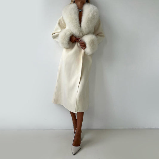 Isla Straight Fit Coat | Belted Fur Trim Long Sleeve Coat