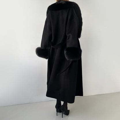 Isla Straight Fit Coat | Belted Fur Trim Long Sleeve Coat